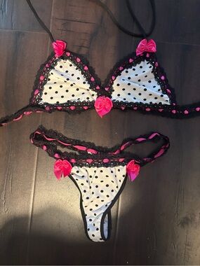 Y2K vintage electric lingerie Polka Dot Lace Bralette & Thong Set Hot Pink Bow